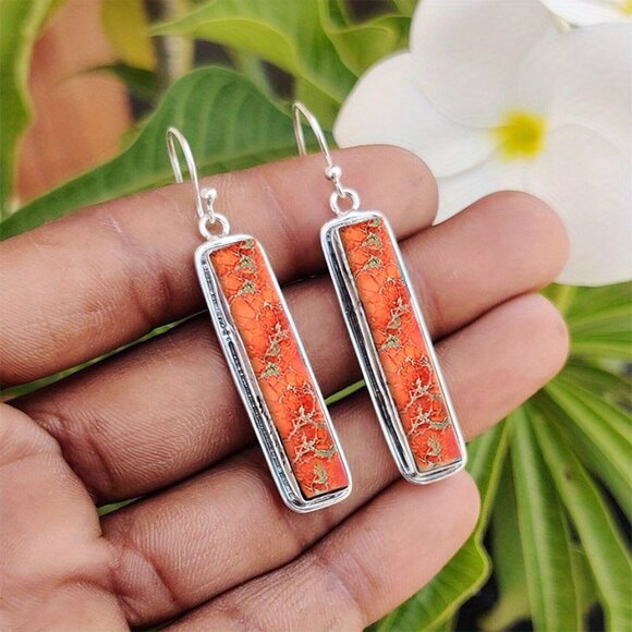 Bohemian Retro Rectangular Dangle Earrings With Stone Pattern - Picture 2 of 5